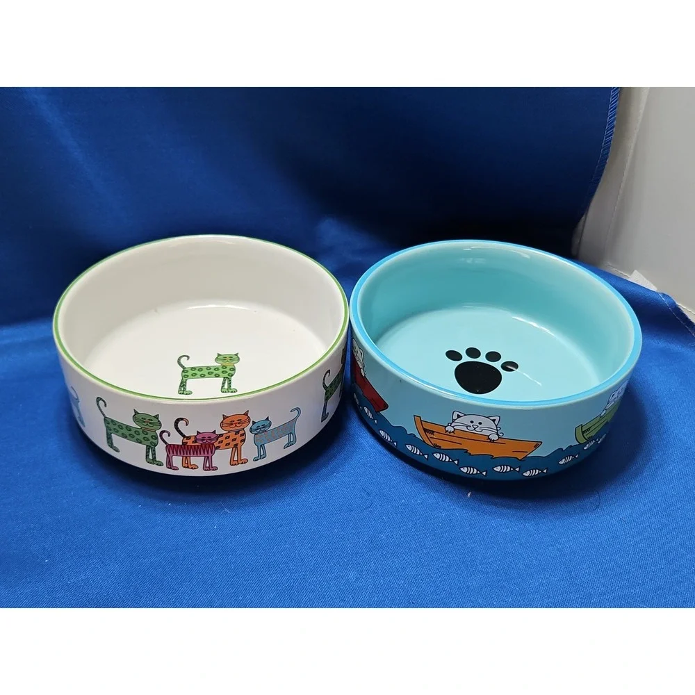 2 Whisker City Cat Food Water Bowl Dish Fishing Whimsical Abstract Cats